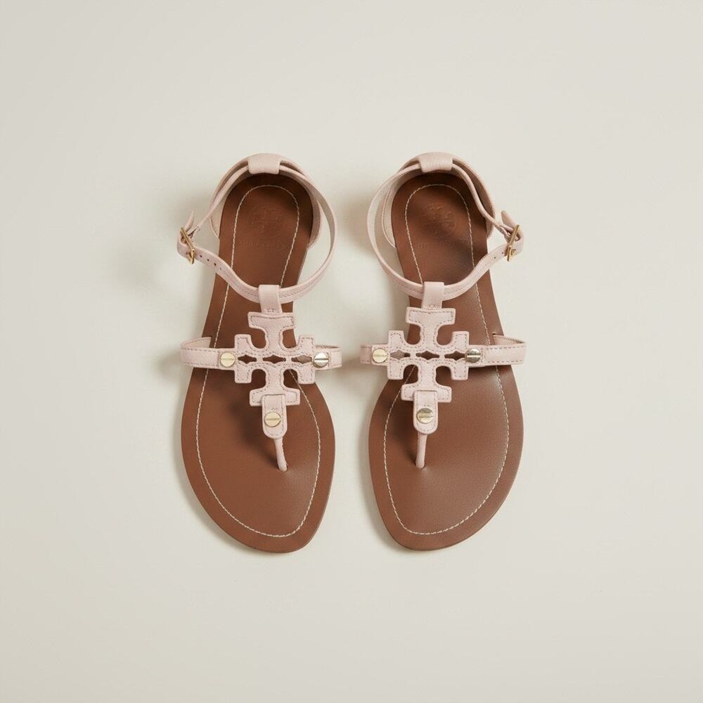 Tory Burch Phoebe Blush Leather Flat Thong Ankle Strap Sandals Sz 8 - Picture 11 of 16
